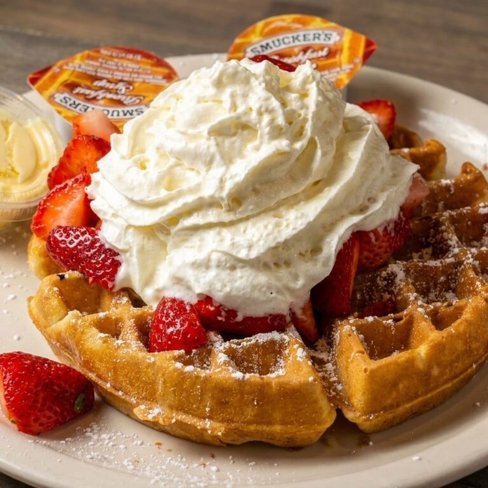Belgian waffle topped with whipped cream, fresh strawberries, powdered sugar, butter, and individual Smucker’s syrup cups on a plate.