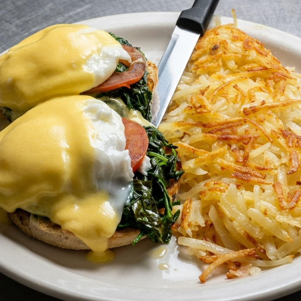 Two eggs Benedict with spinach, tomato, and melted cheese served alongside crispy hash browns on a white plate.