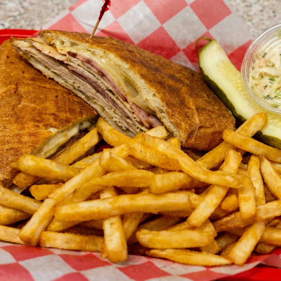 Grilled deli sandwich with sliced meats and melted cheese served alongside French fries, pickle spears, and creamy coleslaw.