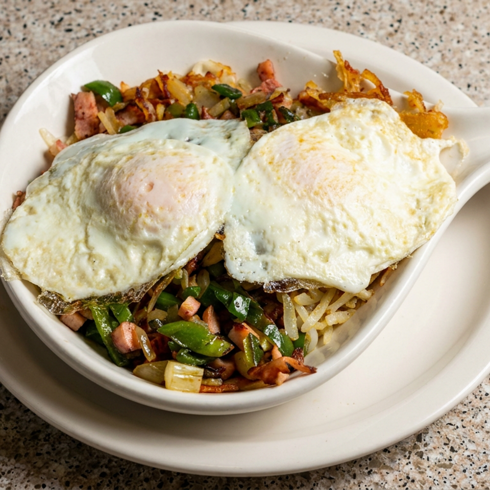 Bowl of hash browns topped with two fried eggs, diced ham, and sautéed green peppers on a white plate.