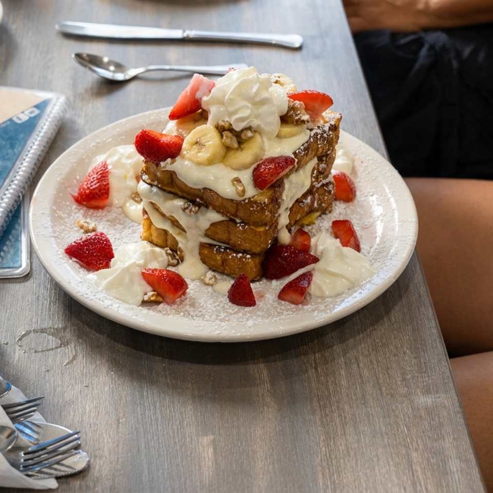Stacked French toast topped with whipped cream, bananas, strawberries, and powdered sugar beside a blue Pepsi glass.